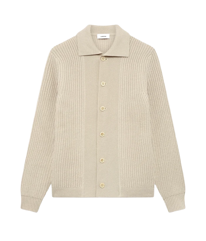 Front product view of Lardini Wool Cashmere Knit Cardigan in Cream showing the shirt collar and button front