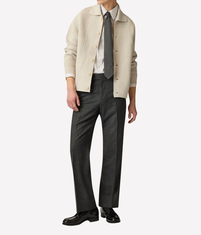 Man wearing Lardini Wool Cashmere Knit Cardigan in Cream with charcoal trousers and black shoes, full-length front view