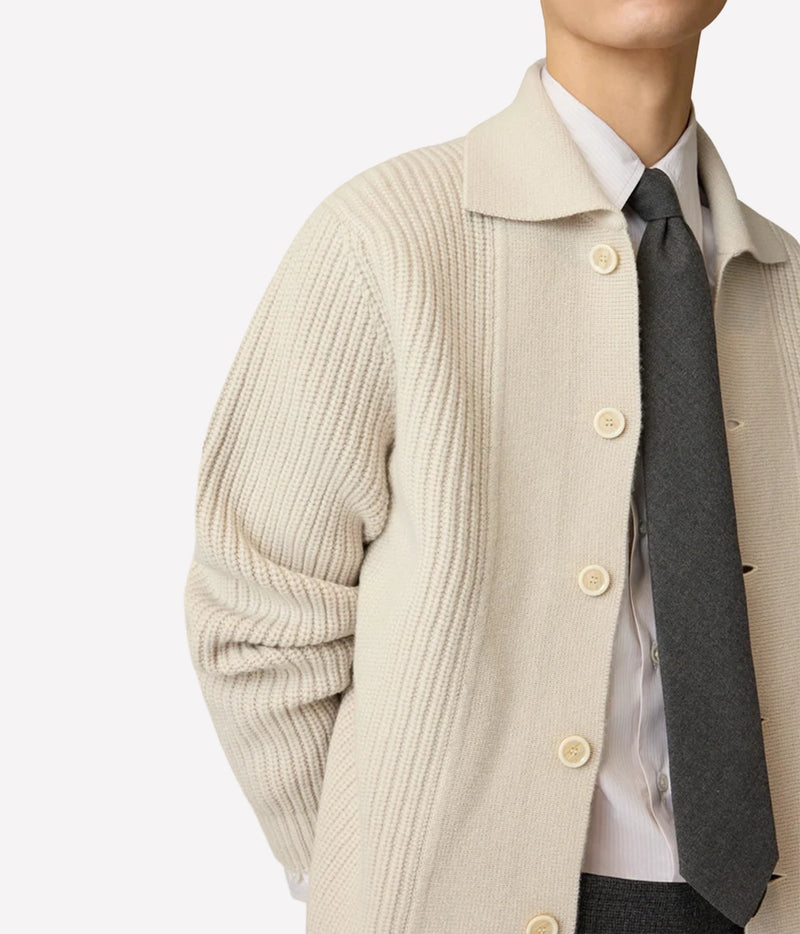 Close-up of Lardini Wool Cashmere Knit Cardigan in Cream on model showing the shirt collar and textured knit