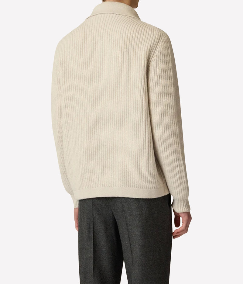 Man wearing Lardini Wool Cashmere Knit Cardigan in Cream, back view