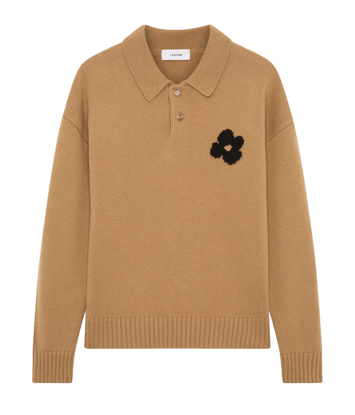 Front product view of Lardini Wool Cashmere Knit Polo in Beige showing the black jacquard flower