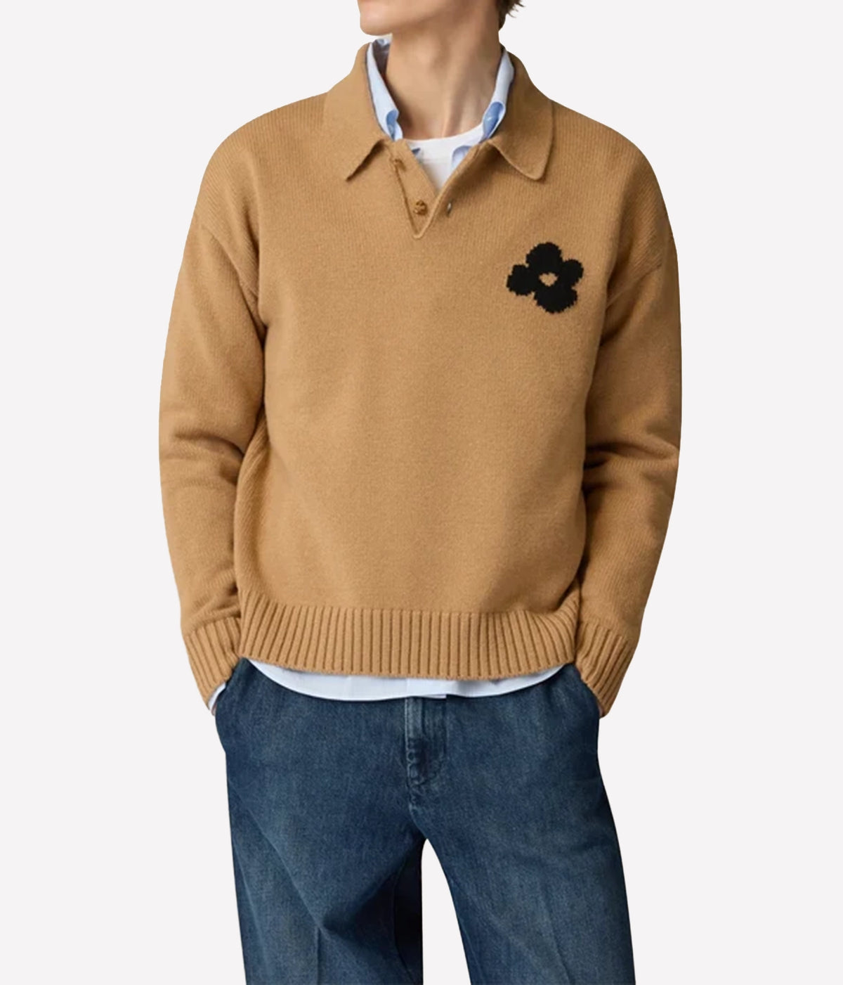 Man wearing Lardini Wool Cashmere Knit Polo in Beige over a white shirt with blue jeans, front view