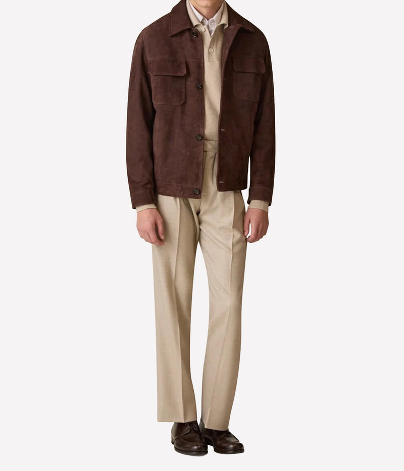 Man wearing Lardini Suede Jacket in Brown with beige trousers and dark shoes, full-length front view