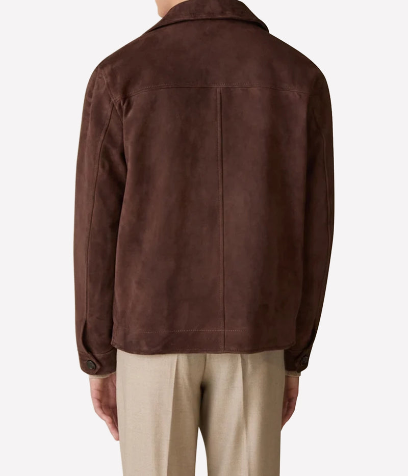 Man wearing Lardini Suede Jacket in Brown, back view