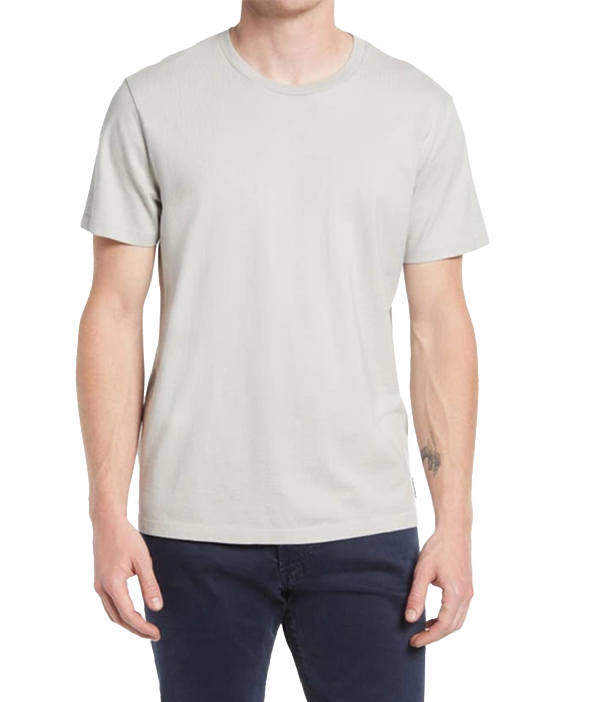 A model wearing the AG Bryce Crew Neck T-Shirt in silver grey, featuring short sleeves and a classic crew neck design, made from 100% cotton for a soft and relaxed fit.