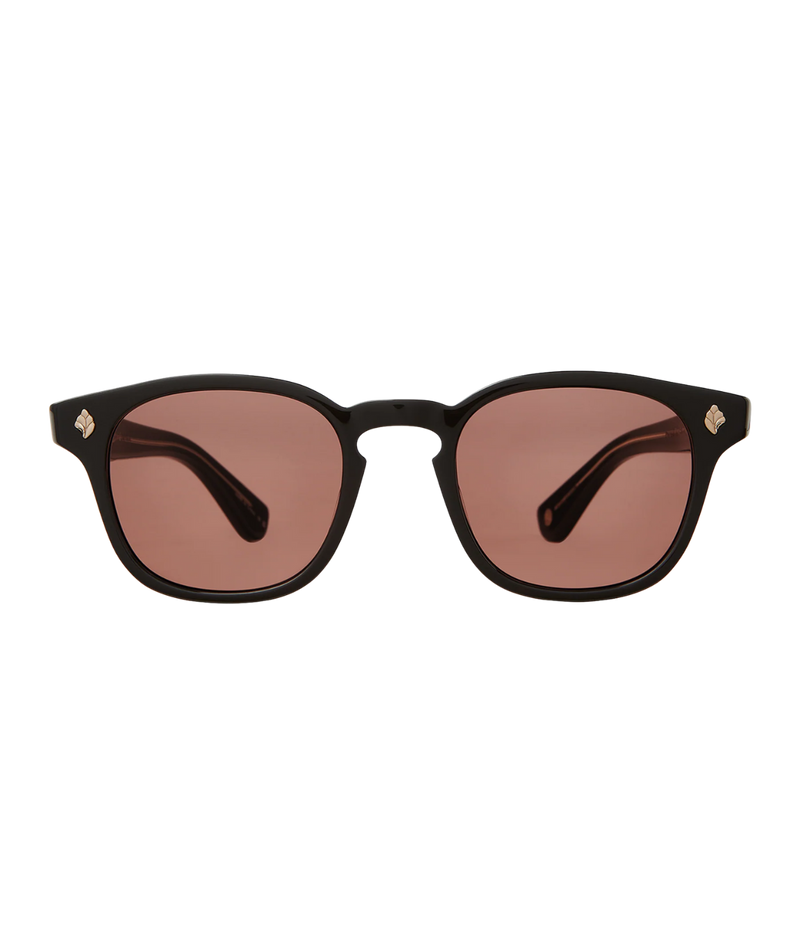 GLCO Ace Sun sunglasses featuring bold acetate frame with palm leaf plaque, semi-flat rosewood glass lenses, and stainless steel core wire.
