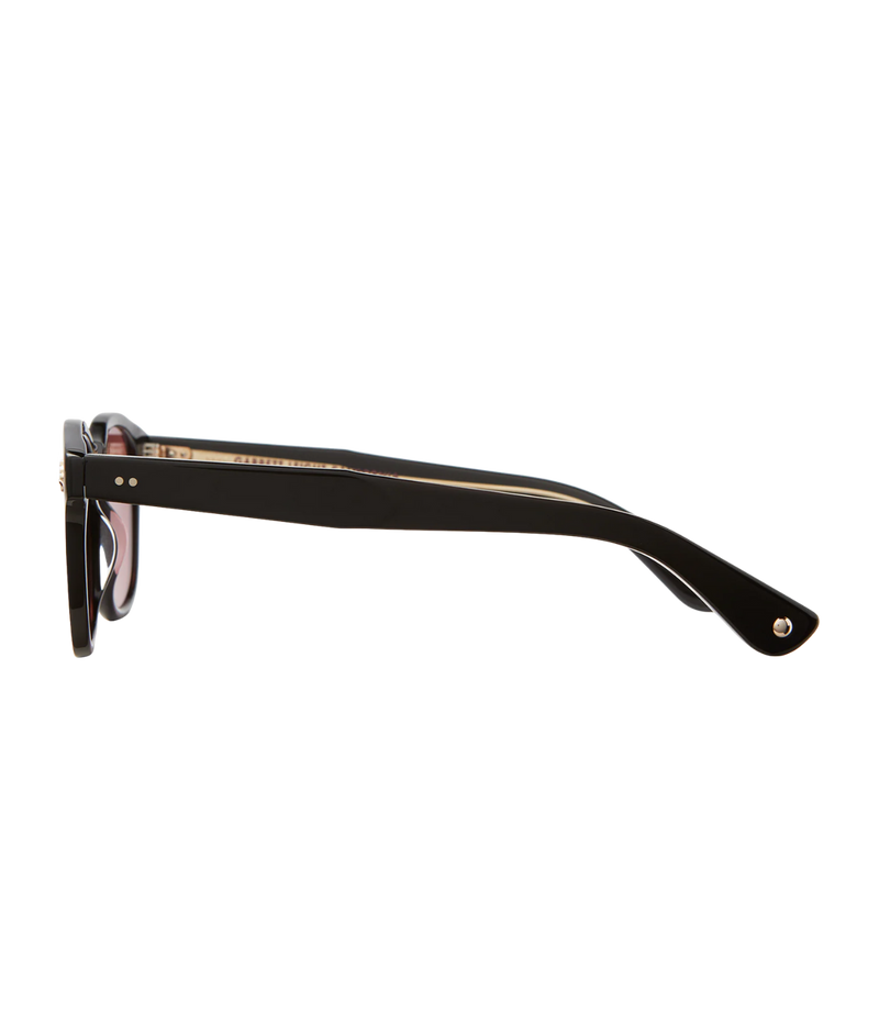 GLCO Ace Sun sunglasses featuring bold acetate frame with palm leaf plaque, semi-flat rosewood glass lenses, and stainless steel core wire.
