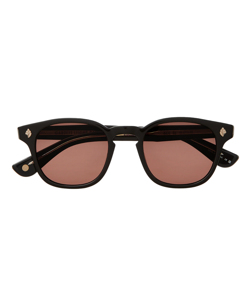 GLCO Ace Sun sunglasses featuring bold acetate frame with palm leaf plaque, semi-flat rosewood glass lenses, and stainless steel core wire.