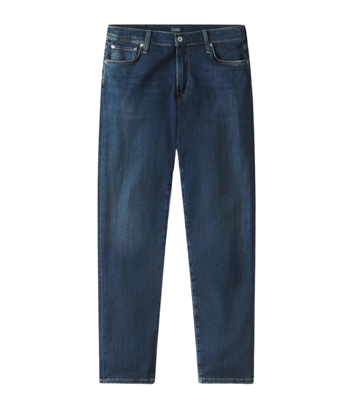 Men’s slim straight dark indigo jeans with subtle fading and whiskering, featuring a tailored fit and lightweight stretch denim made from regenerative cotton.