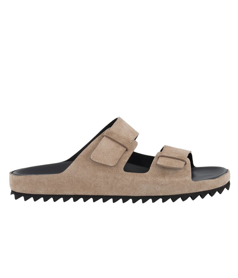 Agorà 010 suede sandals with double straps, leather lining, and rubber outsole.