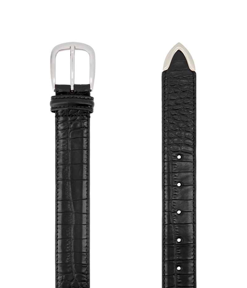 Black alligator print leather belt with silver-tone buckle, offering a textured, bold look for any outfit.