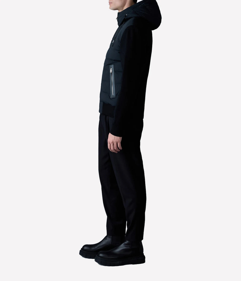 Hybrid down jacket with quilted front, knit sleeves and back, hooded design, zip pockets, and ribbed trims for a sleek, modern look.