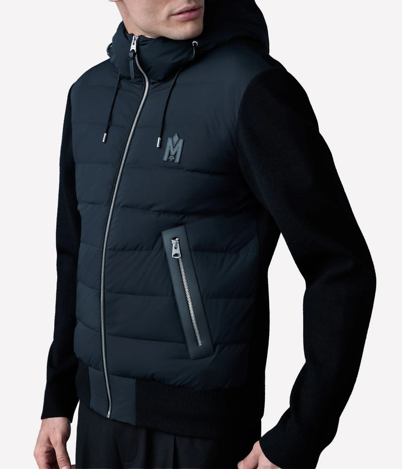 Hybrid down jacket with quilted front, knit sleeves and back, hooded design, zip pockets, and ribbed trims for a sleek, modern look.