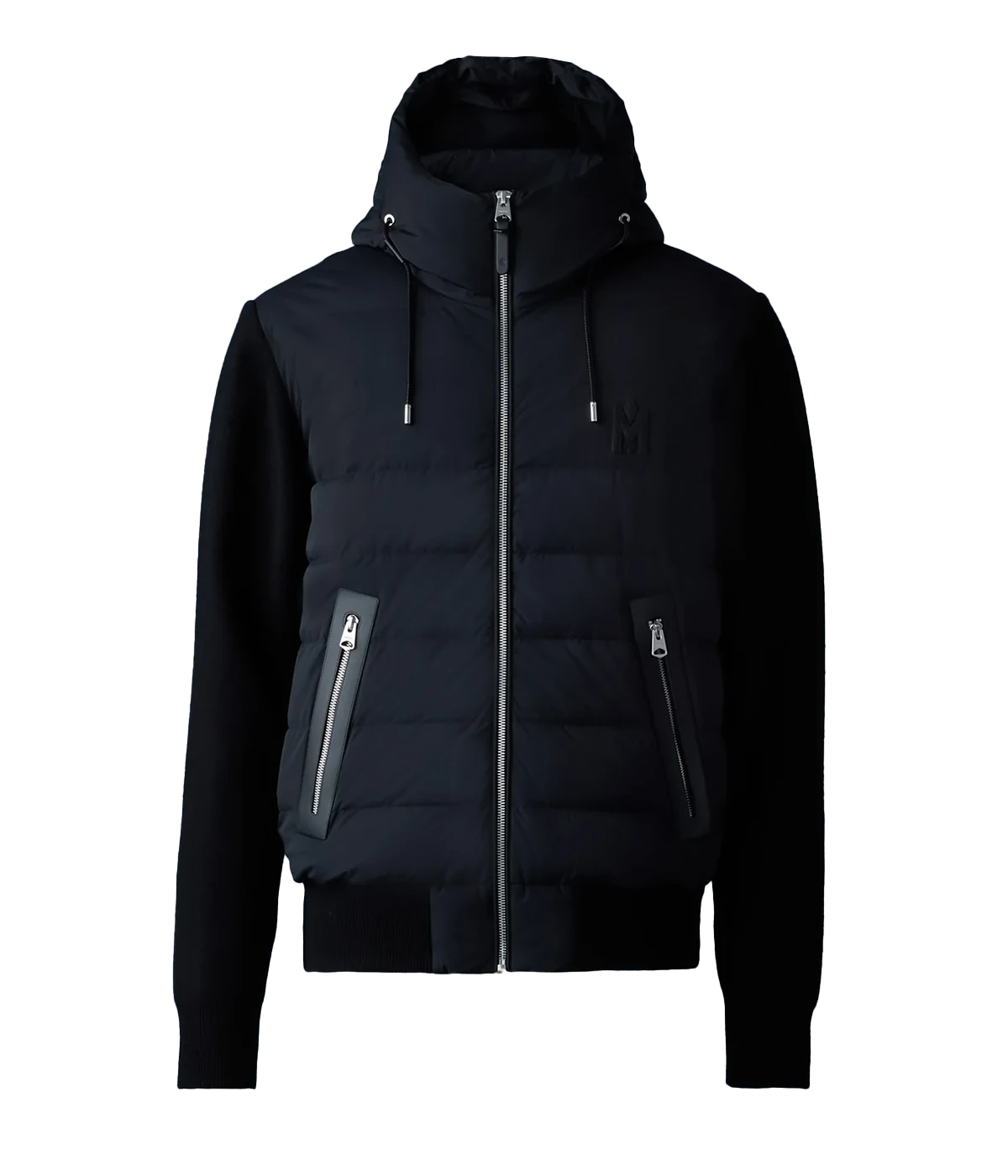 Hybrid down jacket with quilted front, knit sleeves and back, hooded design, zip pockets, and ribbed trims for a sleek, modern look.