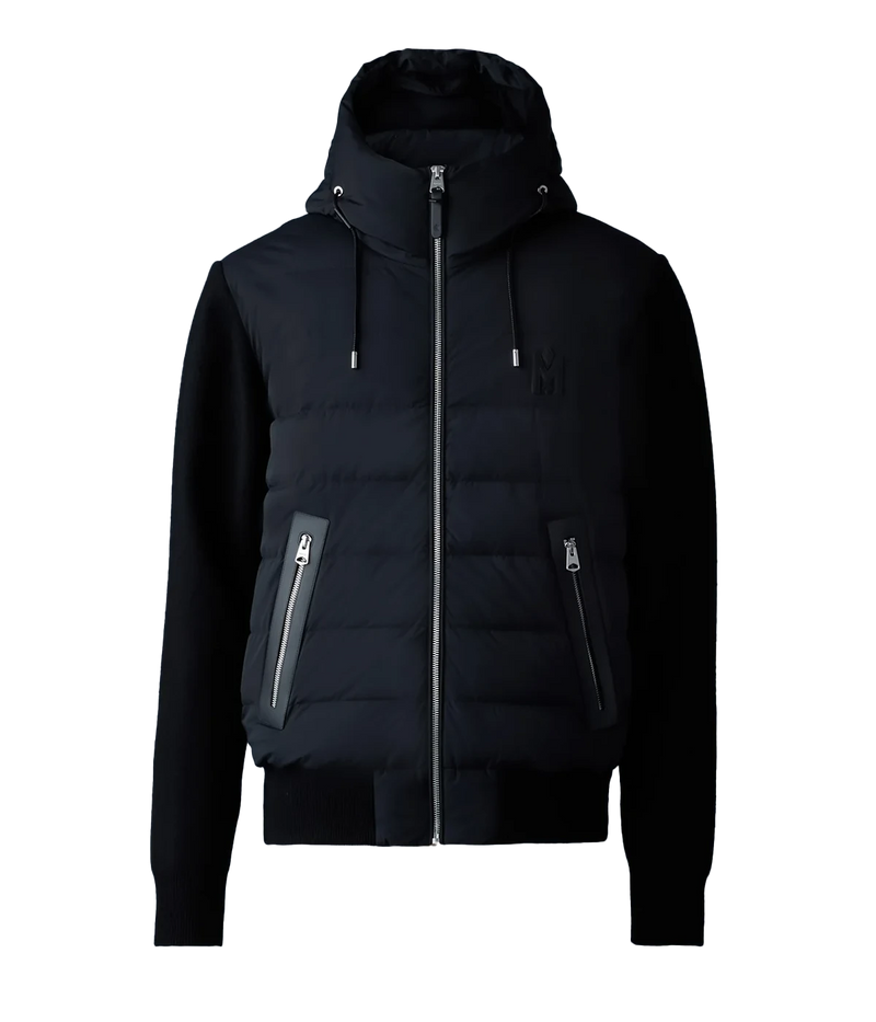 Hybrid down jacket with quilted front, knit sleeves and back, hooded design, zip pockets, and ribbed trims for a sleek, modern look.