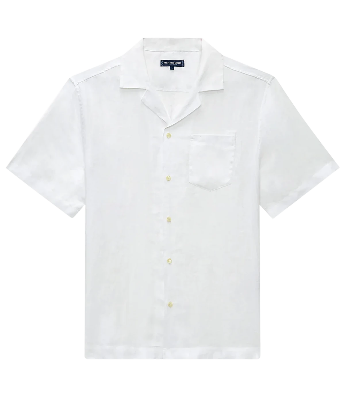 A relaxed-fit Angelo Shirt by Frescobol Carioca in lightweight Italian linen. Features a camp collar, chest pocket, and breathable fabric for effortless warm-weather style. Made in Portugal.