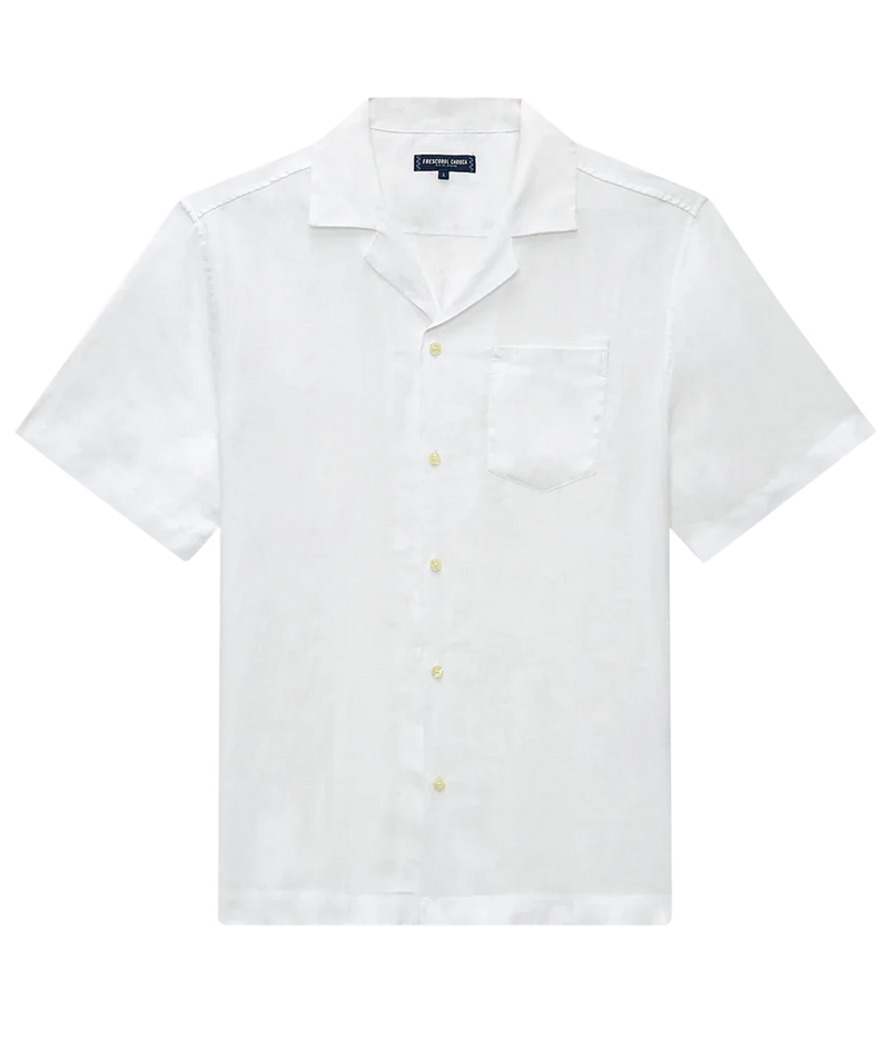 A relaxed-fit Angelo Shirt by Frescobol Carioca in lightweight Italian linen. Features a camp collar, chest pocket, and breathable fabric for effortless warm-weather style. Made in Portugal.