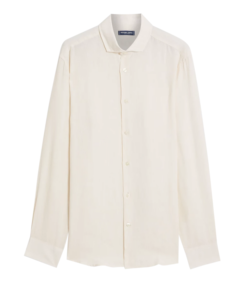 Ghost shot of the Antonio Long Sleeve Linen Shirt by Frescobol Carioca, floating to emphasize its structured dress collar with stiffeners, imitation mother of pearl buttons, and full placket. The lightweight Italian linen construction ensures breathable comfort and elevated style for versatile occasion dressing.