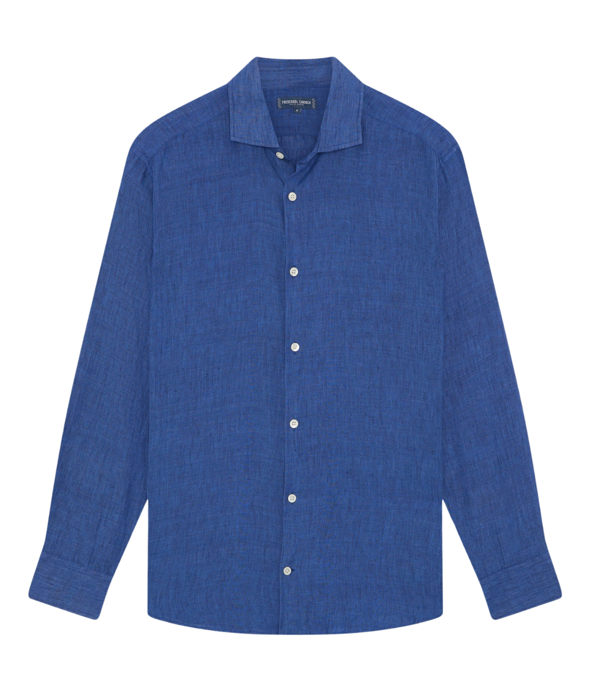 Ghost shot of the Antonio Long Sleeve Linen Shirt by Frescobol Carioca, floating to emphasize its structured dress collar with stiffeners, imitation mother of pearl buttons, and full placket. The lightweight Italian linen construction ensures breathable comfort and elevated style for versatile occasion dressing.