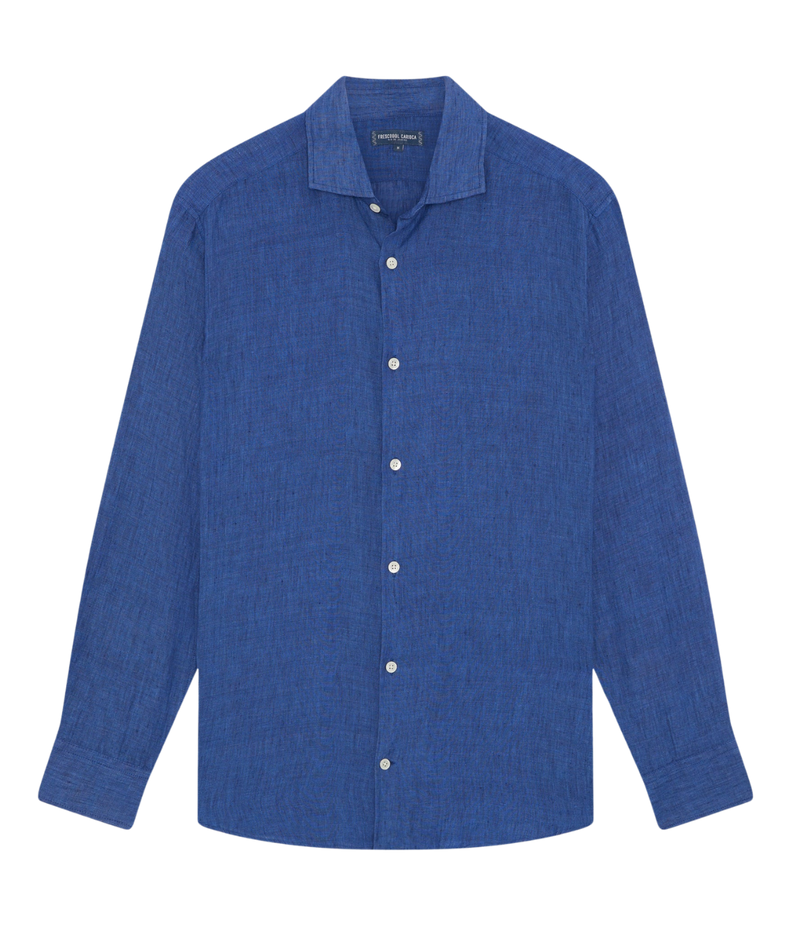 Ghost shot of the Antonio Long Sleeve Linen Shirt by Frescobol Carioca, floating to emphasize its structured dress collar with stiffeners, imitation mother of pearl buttons, and full placket. The lightweight Italian linen construction ensures breathable comfort and elevated style for versatile occasion dressing.