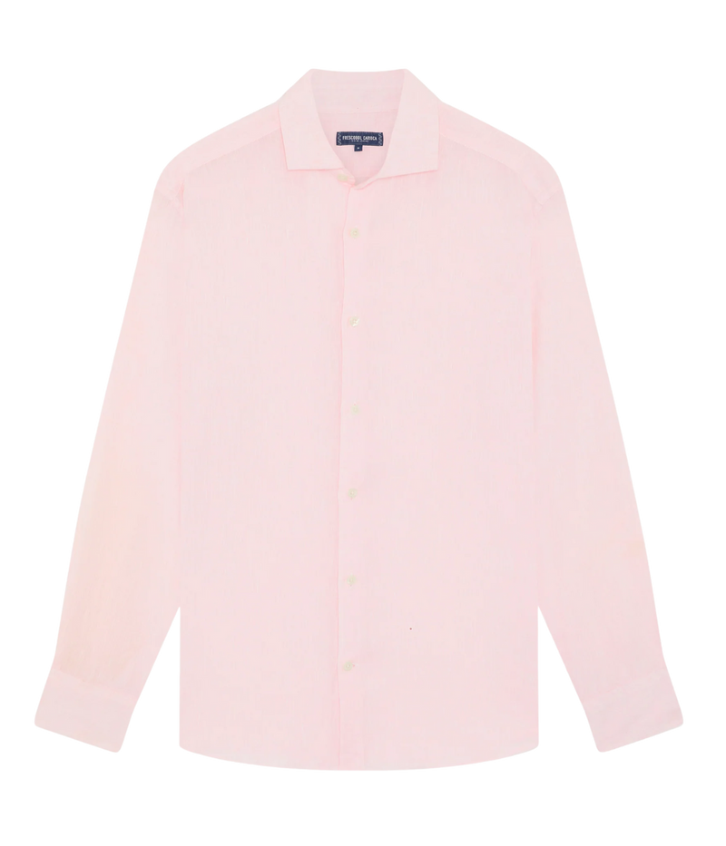 Ghost shot of the Antonio Long Sleeve Linen Shirt by Frescobol Carioca, floating to emphasize its structured dress collar with stiffeners, imitation mother of pearl buttons, and full placket. The lightweight Italian linen construction ensures breathable comfort and elevated style for versatile occasion dressing.
