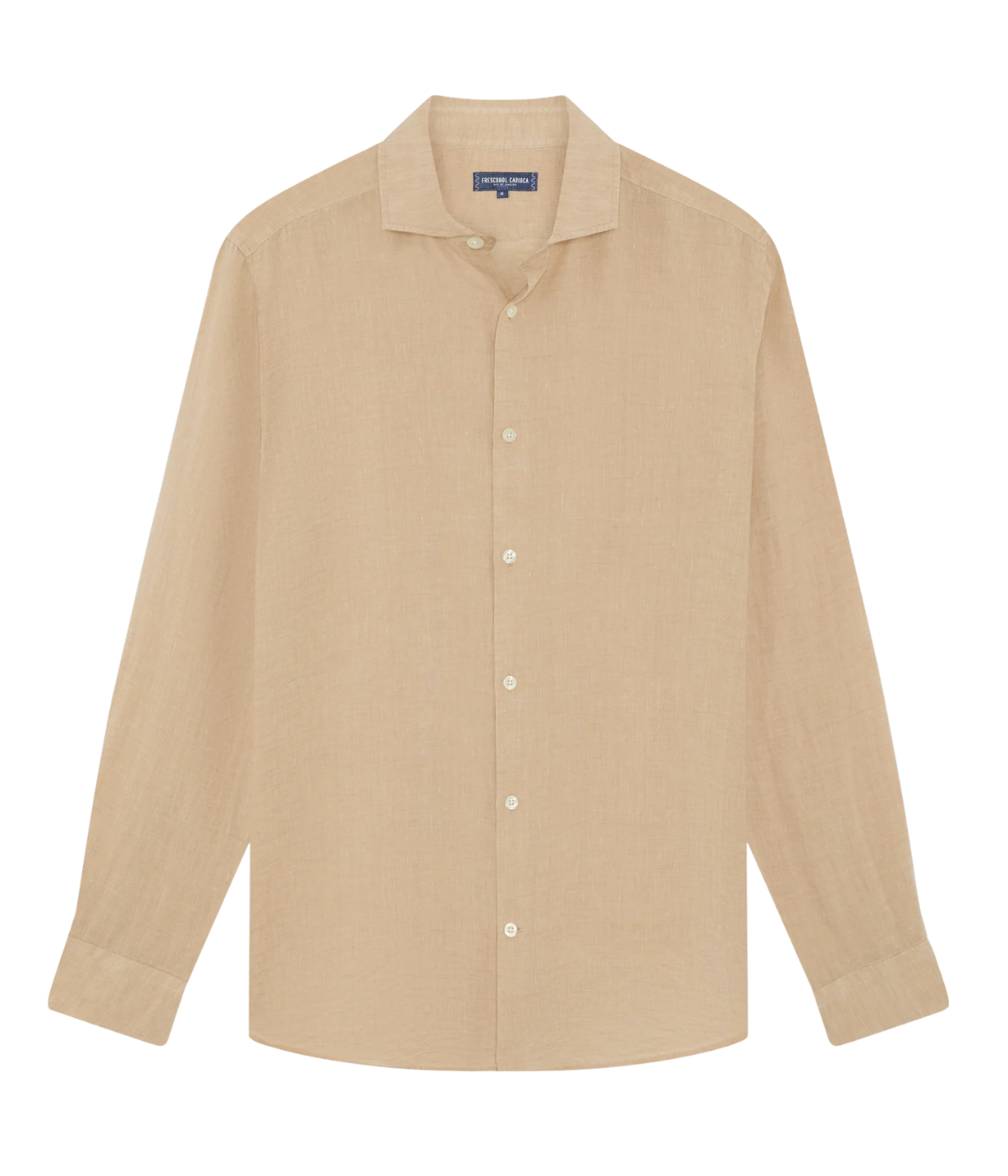 the Antonio Long Sleeve Linen Shirt by Frescobol Carioca, floating to emphasize its structured dress collar with stiffeners, imitation mother of pearl buttons, and full placket. The lightweight Italian linen construction ensures breathable comfort and elevated style for versatile occasion dressing