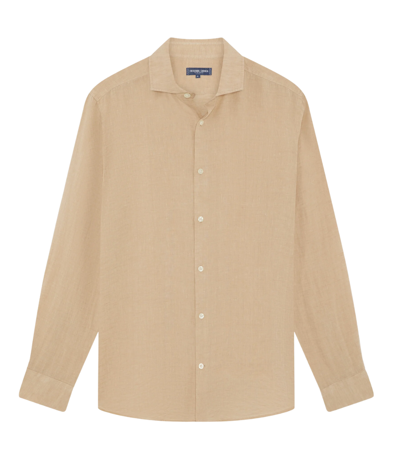 the Antonio Long Sleeve Linen Shirt by Frescobol Carioca, floating to emphasize its structured dress collar with stiffeners, imitation mother of pearl buttons, and full placket. The lightweight Italian linen construction ensures breathable comfort and elevated style for versatile occasion dressing