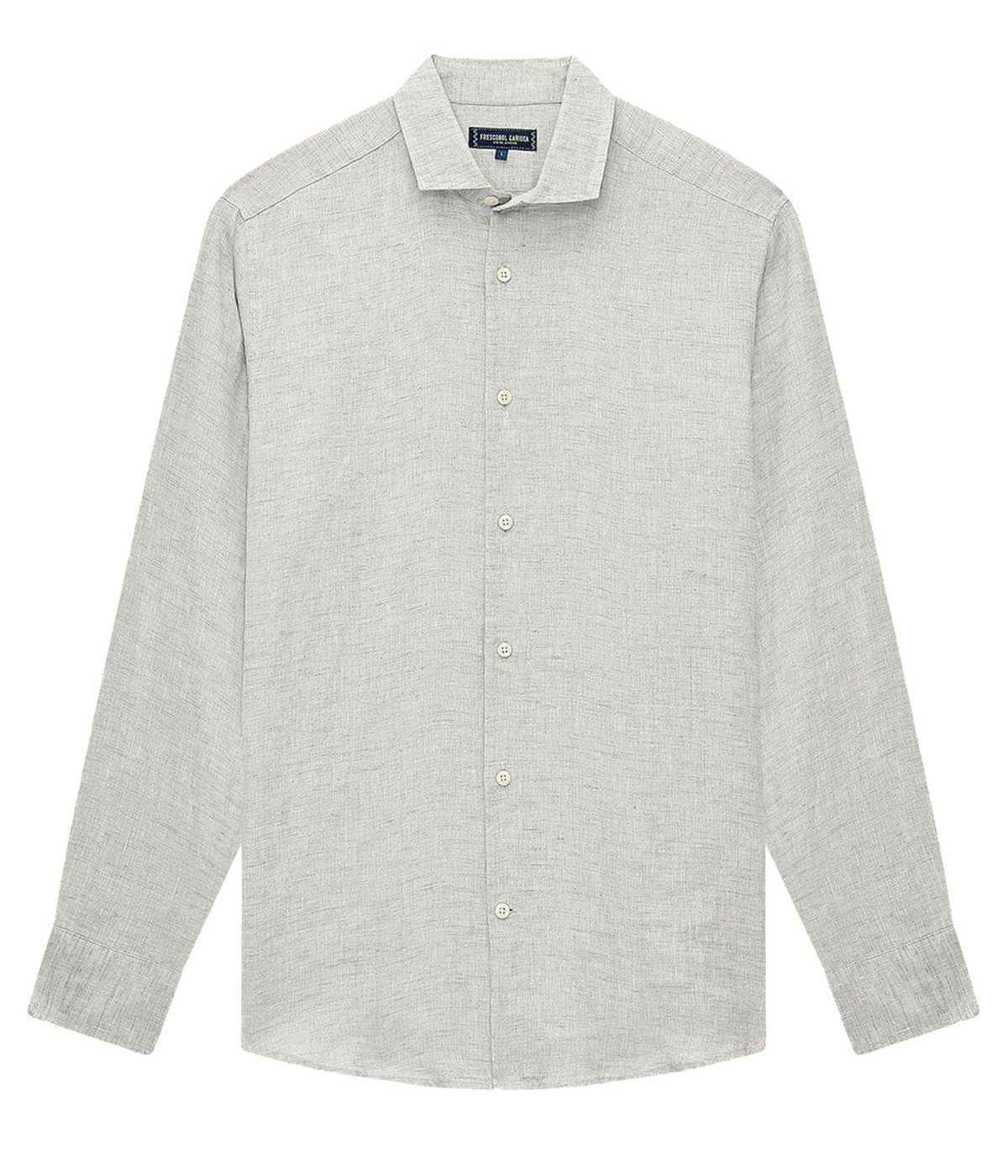 Ghost shot of the Antonio Long Sleeve Linen Shirt by Frescobol Carioca, floating to emphasize its structured dress collar with stiffeners, imitation mother of pearl buttons, and full placket. The lightweight Italian linen construction ensures breathable comfort and elevated style for versatile occasion dressing.