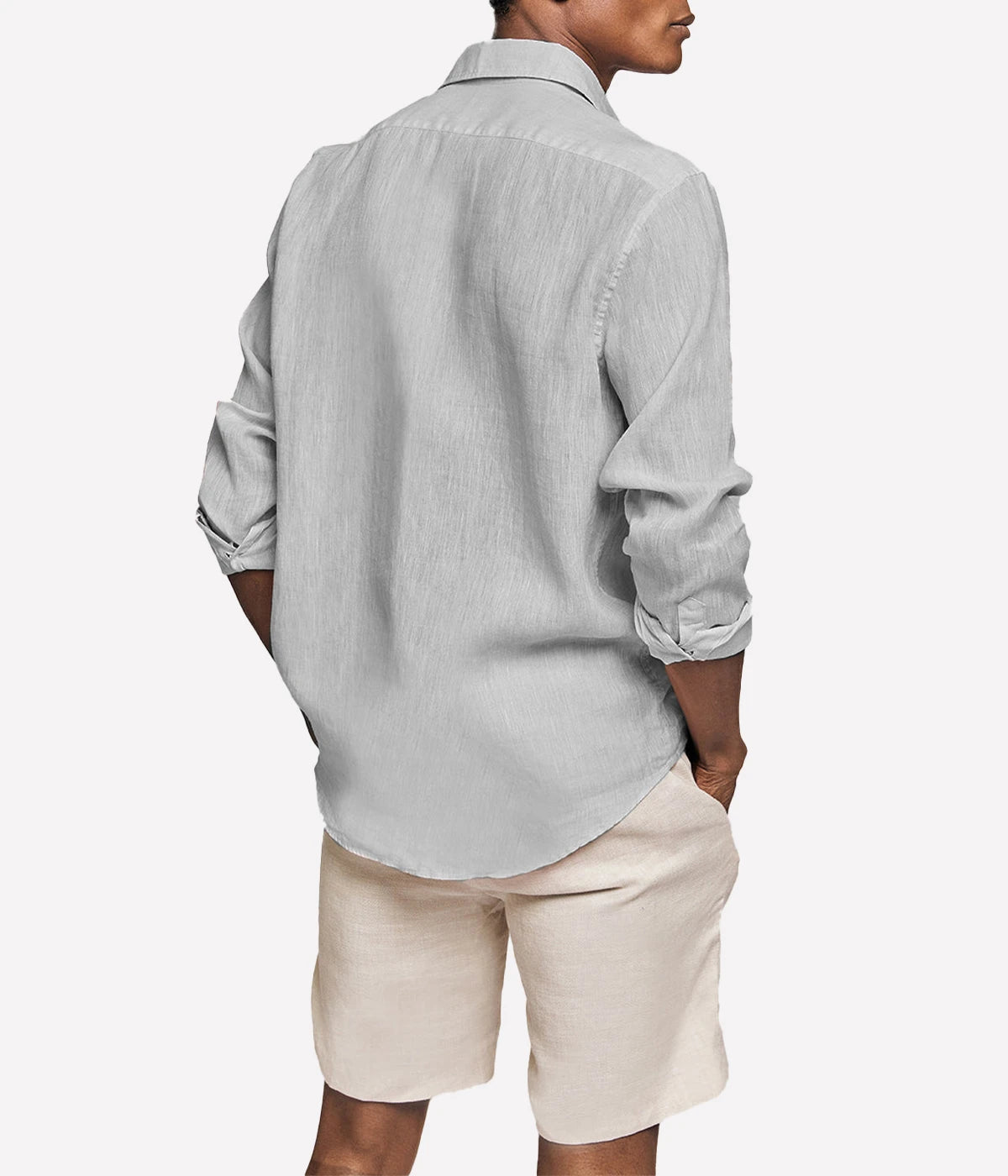Back view of the Antonio Long Sleeve Linen Shirt by Frescobol Carioca, highlighting the lightweight, breathable fine Italian linen fabric. This classic men's linen shirt combines relaxed tailoring and timeless sophistication, ideal for polished, effortless dressing.