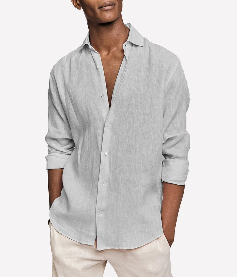 Front view of the Antonio Long Sleeve Linen Shirt by Frescobol Carioca, crafted from 100% fine Italian linen. This luxury men's dress shirt features a structured dress collar with stiffeners, imitation mother of pearl buttons, and a full placket. Designed in a regular fit, it blends relaxed tailoring with refined style for effortless occasion dressing.
