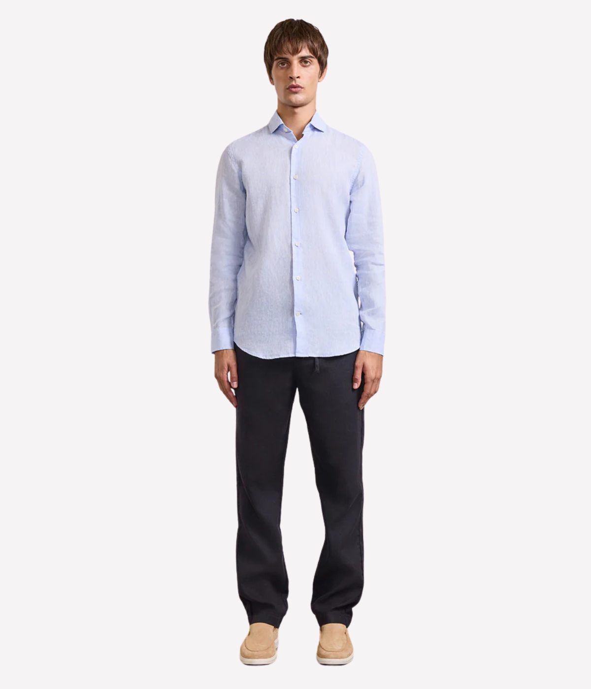 the Antonio Long Sleeve Linen Shirt by Frescobol Carioca, floating to emphasize its structured dress collar with stiffeners, imitation mother of pearl buttons, and full placket. The lightweight Italian linen construction ensures breathable comfort and elevated style for versatile occasion dressing.
