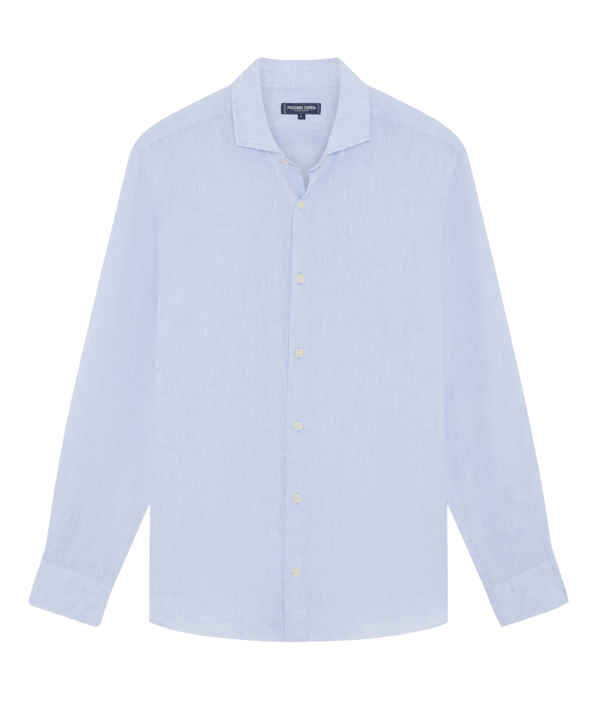 the Antonio Long Sleeve Linen Shirt by Frescobol Carioca, floating to emphasize its structured dress collar with stiffeners, imitation mother of pearl buttons, and full placket. The lightweight Italian linen construction ensures breathable comfort and elevated style for versatile occasion dressing.