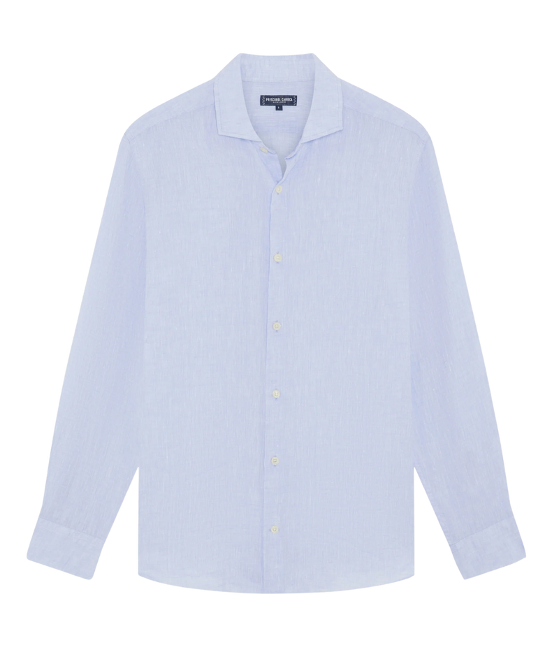 the Antonio Long Sleeve Linen Shirt by Frescobol Carioca, floating to emphasize its structured dress collar with stiffeners, imitation mother of pearl buttons, and full placket. The lightweight Italian linen construction ensures breathable comfort and elevated style for versatile occasion dressing.