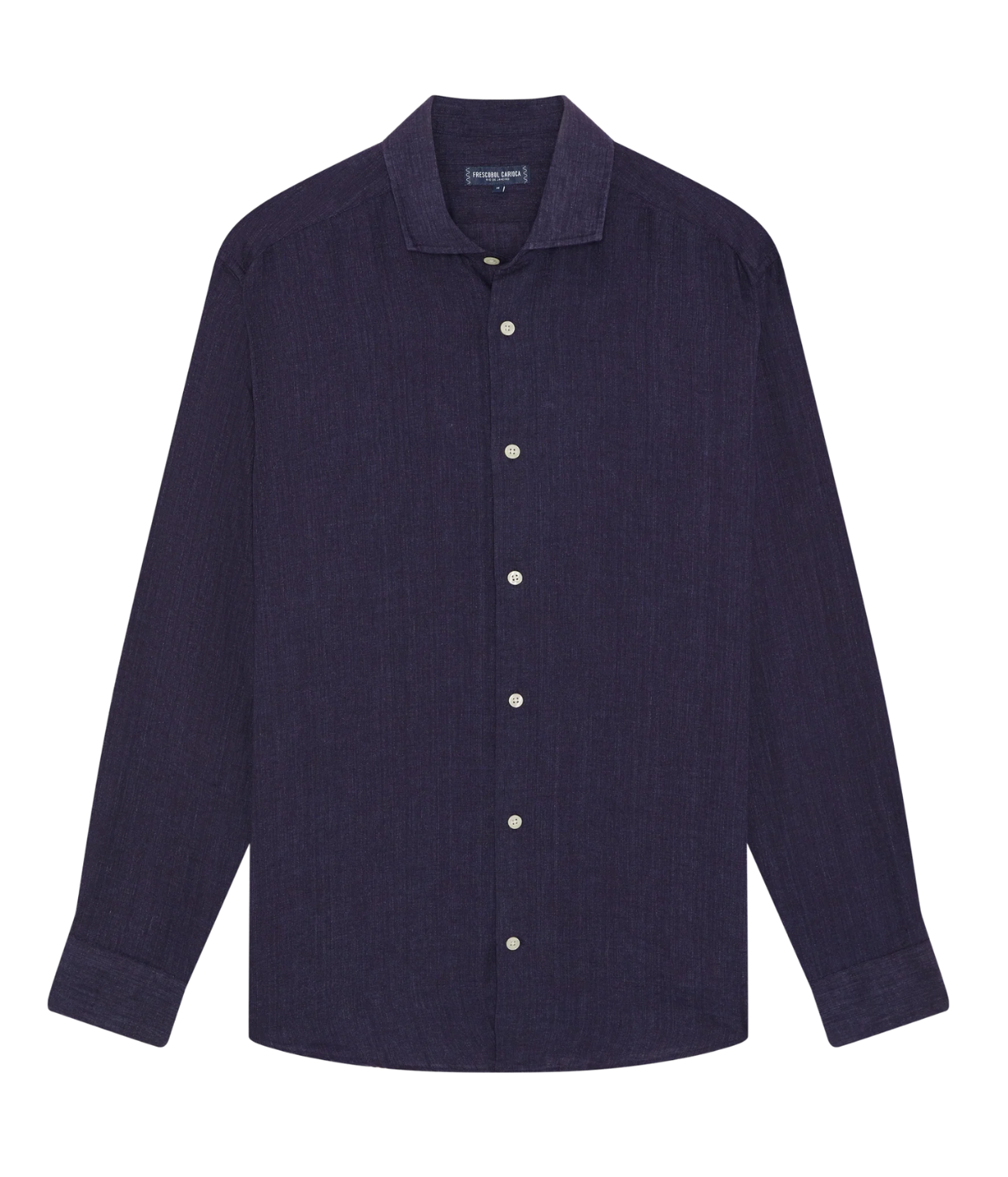 The Antonio Long Sleeve Linen Shirt by Frescobol Carioca, floating to emphasize its structured dress collar with stiffeners, imitation mother of pearl buttons, and full placket. The lightweight Italian linen construction ensures breathable comfort and elevated style for versatile occasion dressing.