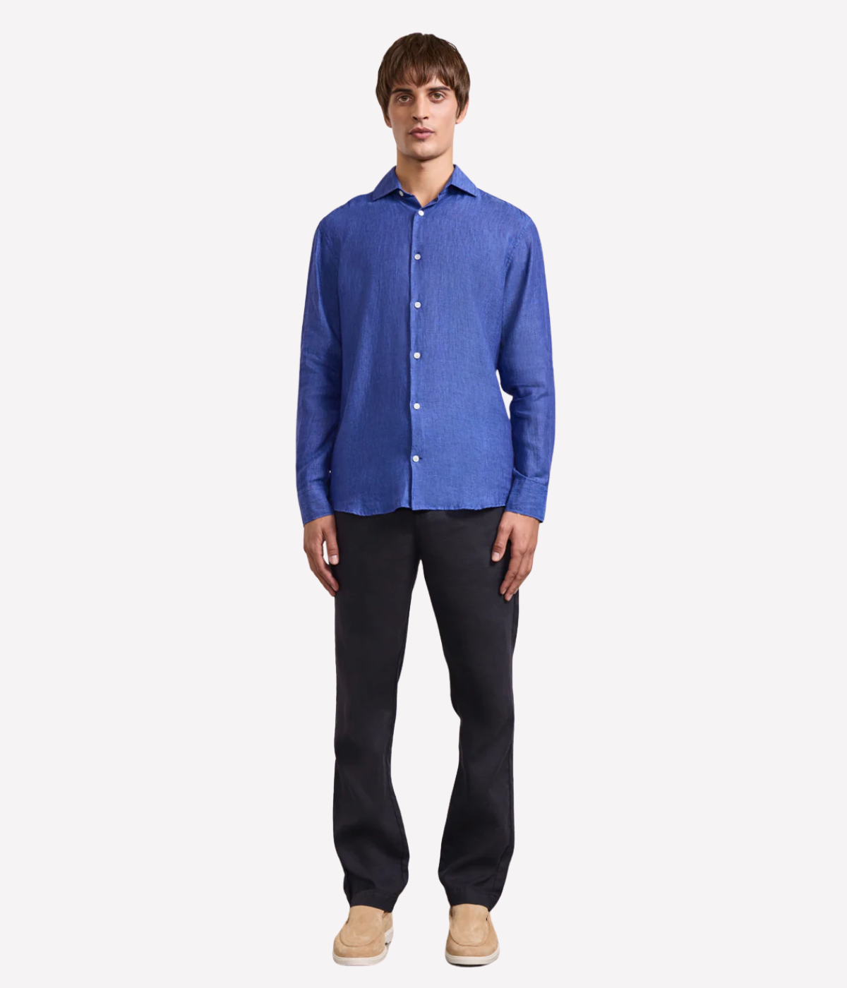 The Antonio Long Sleeve Linen Shirt by Frescobol Carioca, floating to emphasize its structured dress collar with stiffeners, imitation mother of pearl buttons, and full placket. The lightweight Italian linen construction ensures breathable comfort and elevated style for versatile occasion dressing.