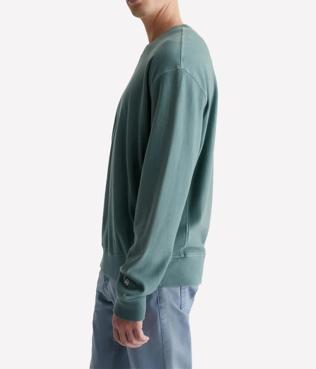 Arc Panelled Sweatshirt in relaxed fit, made from 100% cotton Essential Luxe Terry, featuring sulfur-dyed faded green colour, ribbed side panels, and overlock stitching