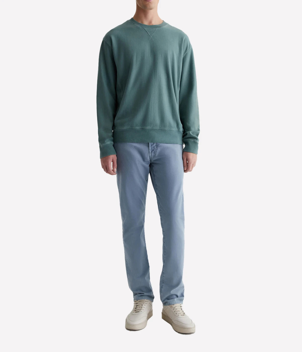 Arc Panelled Sweatshirt in relaxed fit, made from 100% cotton Essential Luxe Terry, featuring sulfur-dyed faded green colour, ribbed side panels, and overlock stitching
