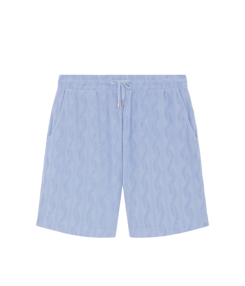 Light blue Augusto shorts by Frescobol, crafted from 100% cotton with a relaxed fit. Features an elasticated adjustable waist, zip-fly, branded metal-cord ends, side slip pockets, and a back pocket with button closure.