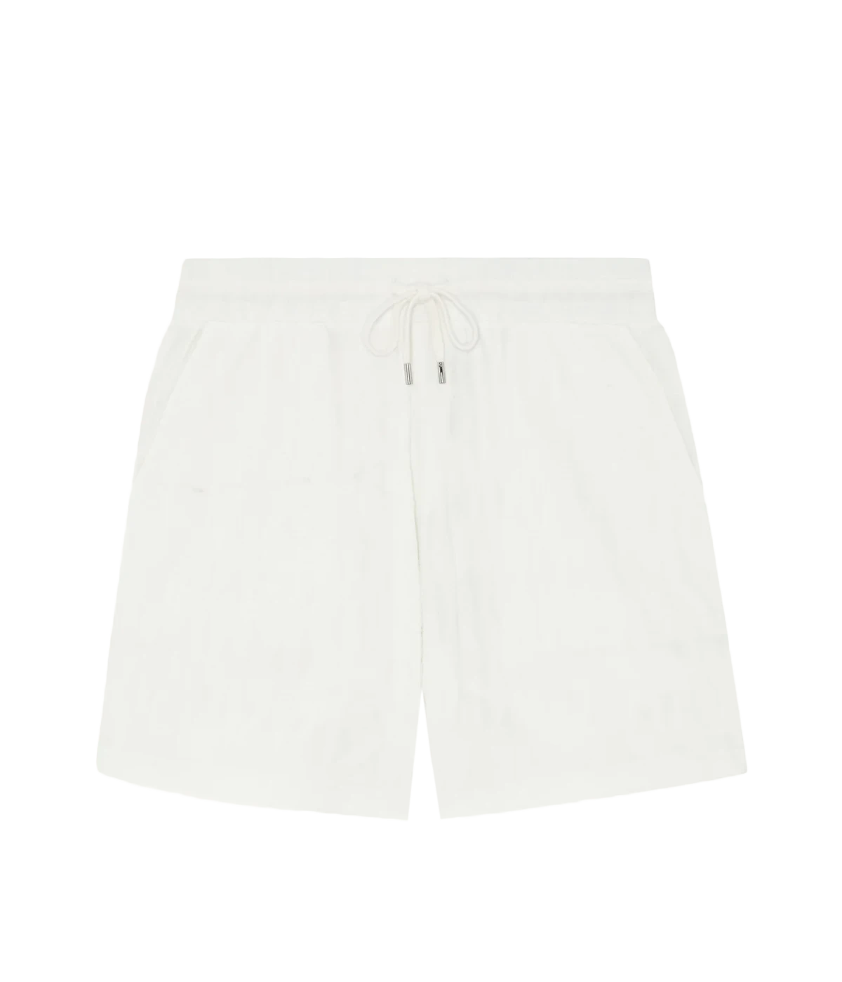 Men’s lightweight jacquard terry shorts in cotton-blend with elasticated drawstring waist, zip-fly, side pockets, and relaxed fit for summer loungewear.