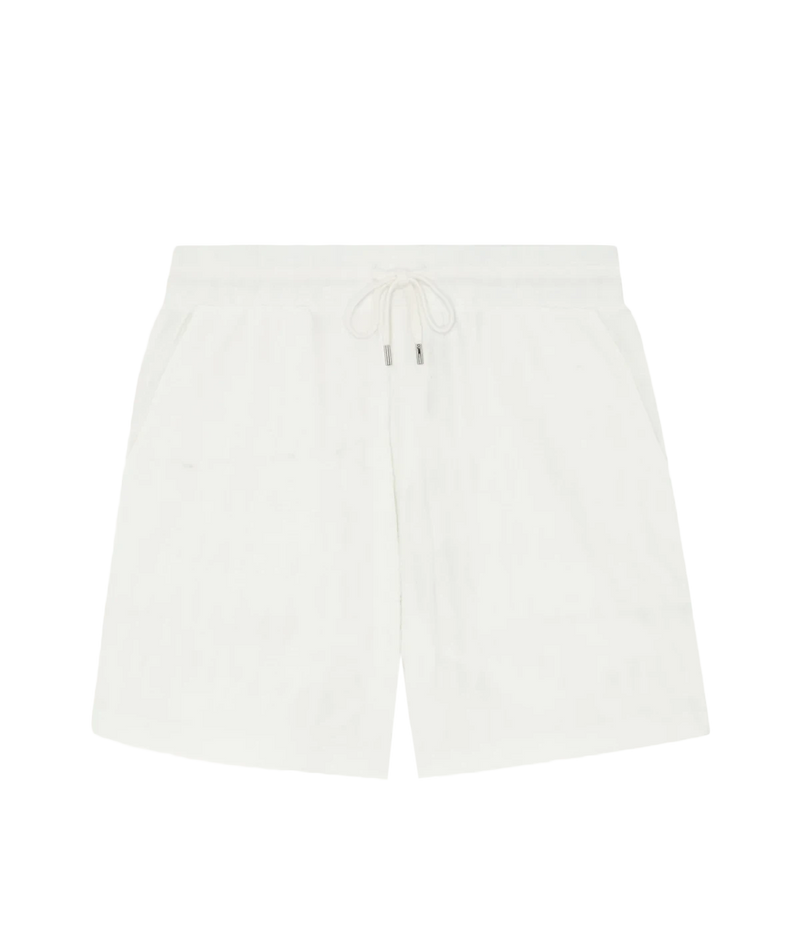 Men’s lightweight jacquard terry shorts in cotton-blend with elasticated drawstring waist, zip-fly, side pockets, and relaxed fit for summer loungewear.