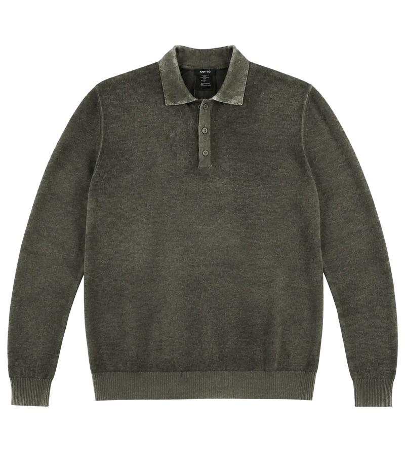 A dark olive green knit polo sweater with a corduroy collar and three-button placket, displayed flat against a solid white background.
