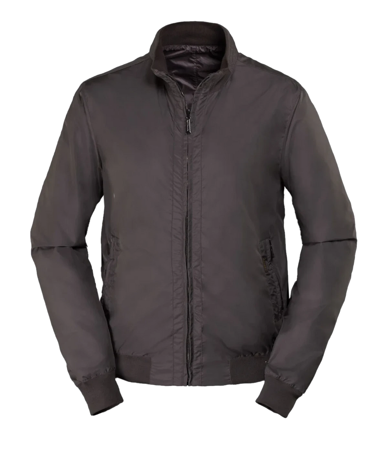 Forest/mud reversible bomber jacket made in Italy, featuring one side in water-repellent sharp memory fabric and the other in iridescent taffeta gabardine. Finished with a knit collar, cuffs, and hem, reversible metal zipper, and zippered side pockets.