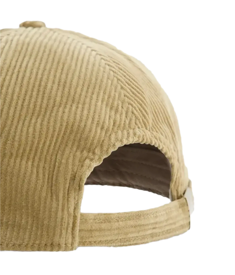 Close-up of the back of a tan corduroy baseball cap, showing the ribbed fabric texture, curved brim opening, and adjustable strap on a white background.