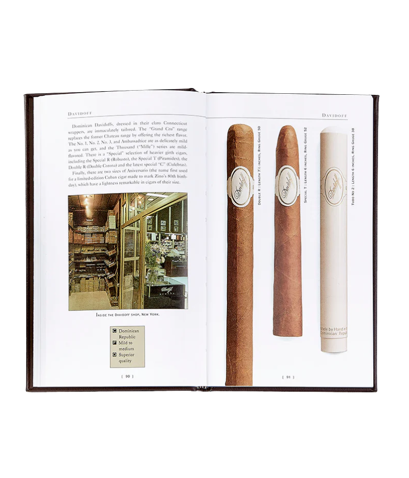 Luxury guide to handmade cigars, featuring 224 pages on cigar history, brands, and tasting techniques with full-colour photography.