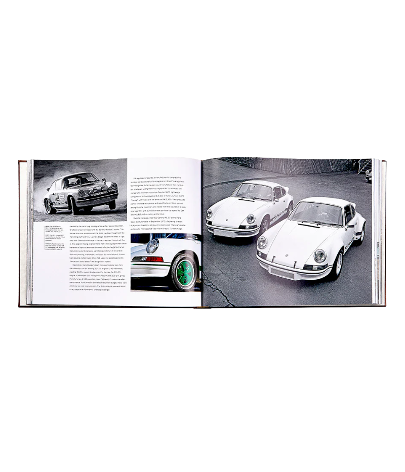 Luxury book on Porsche’s 70-year history, hand-bound in bonded leather, featuring 256 pages of rare images, iconic cars, and milestone events.