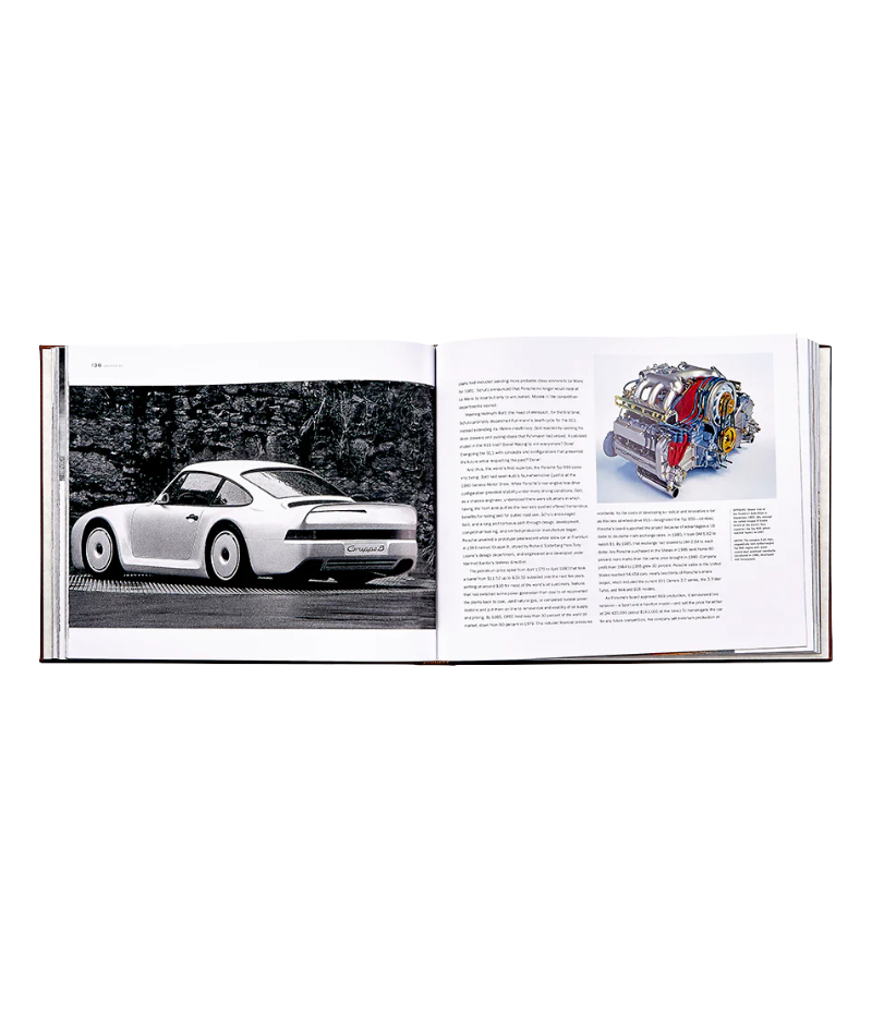 Luxury book on Porsche’s 70-year history, hand-bound in bonded leather, featuring 256 pages of rare images, iconic cars, and milestone events.