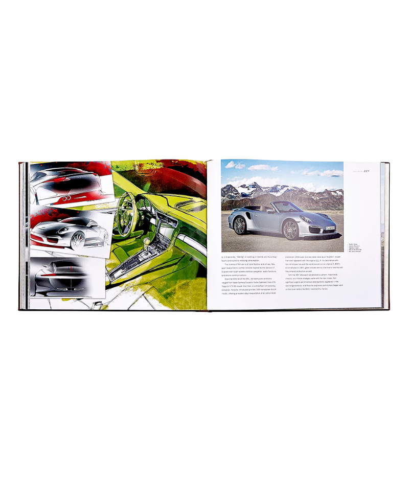 Luxury book on Porsche’s 70-year history, hand-bound in bonded leather, featuring 256 pages of rare images, iconic cars, and milestone events.