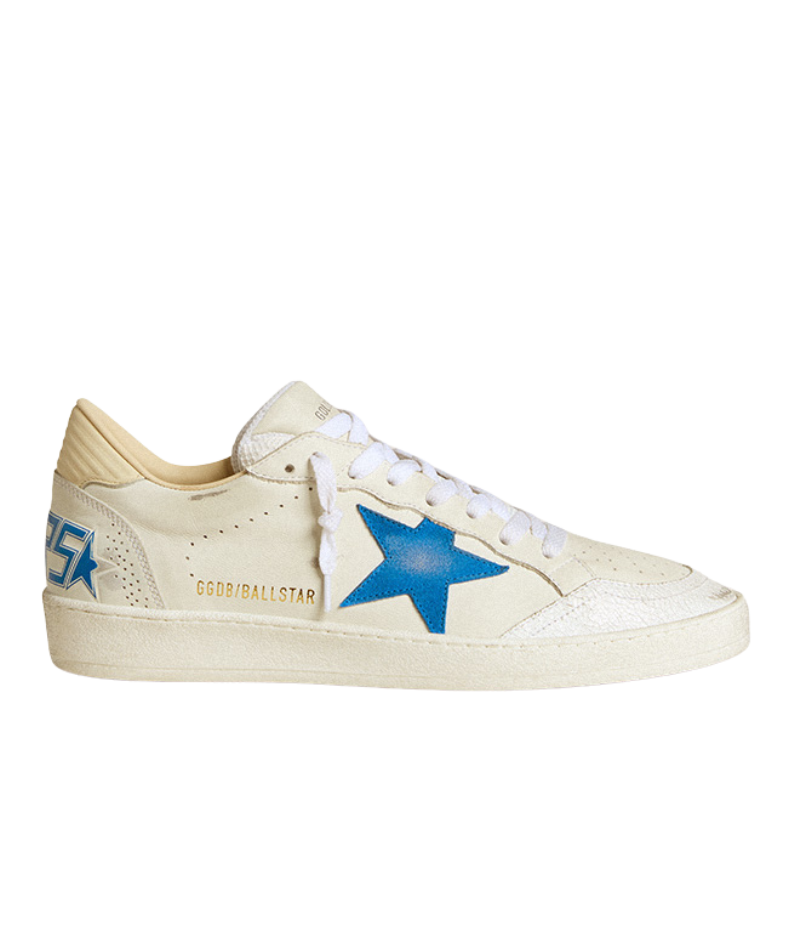 Golden Goose Ball Star Sneaker in Bluette and Wood, crafted from premium leather with a perforated suede toe and signature star detail. Designed with an HF heel, padded tongue, and rubber sole for comfort and durability. Italian-made sneaker blending luxury craftsmanship with street-style edge.
