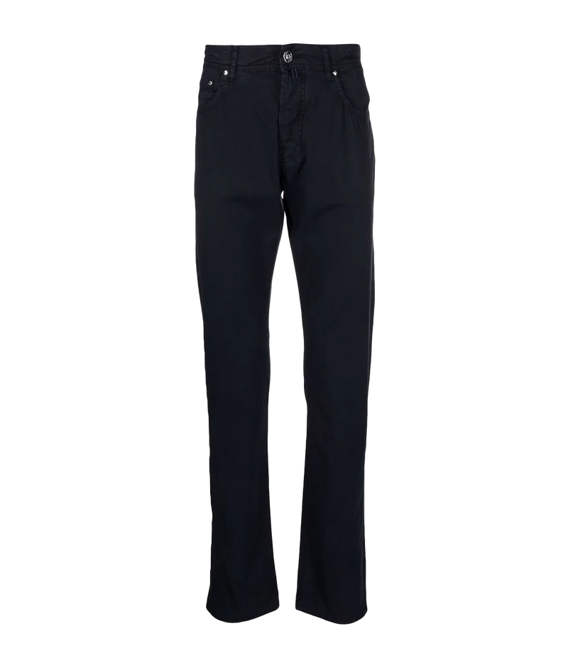 Bard 5-Pocket Jean by Jacob Cohen in a navy blue wash, featuring a mid-rise, slim fit and crafted from premium stretch denim. Designed with a five-pocket style, branded hardware, and an iconic suede patch, these jeans combine luxury with versatility for everyday sophistication.