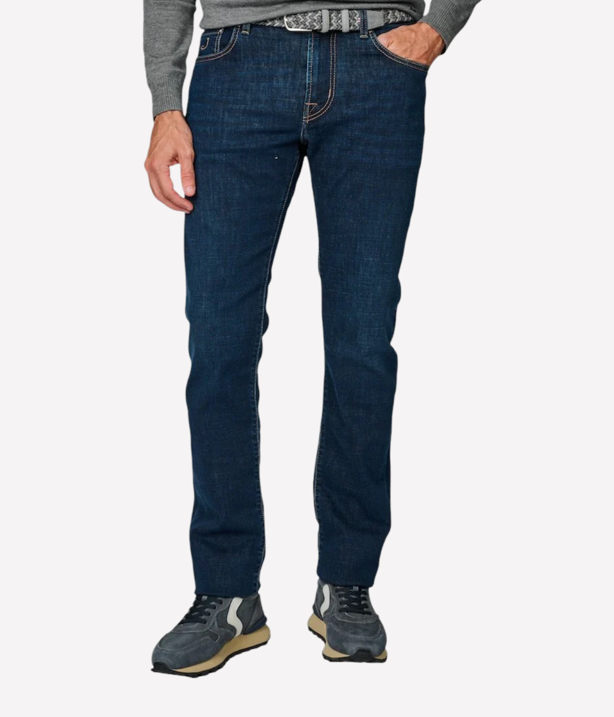 Bard 5 Pkt Slim Fit in 200D Medium Blue Suede Olive Patch